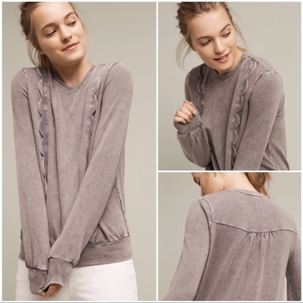 Eri + Ali Acid Wash Ruffle Pullover in Grey Size Small